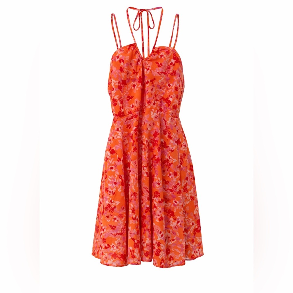 Japna orange floral tie neck mini dress, large